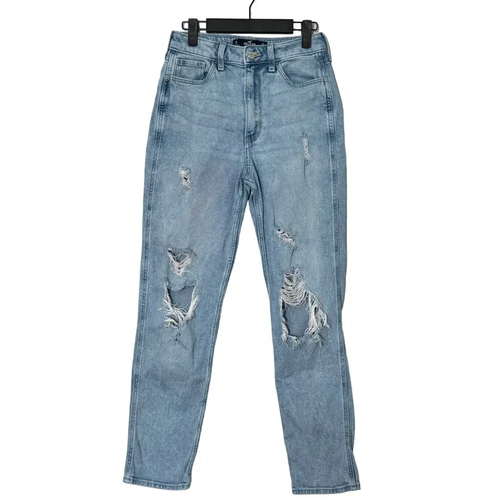 Hollister Ultra High-Rise Ripped Light Wash Mom‎ Jeans Size 3R